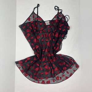 VTG 90s Sheer Babydoll Slip in Black + Red Hearts Valentine Women's 3X Lingerie